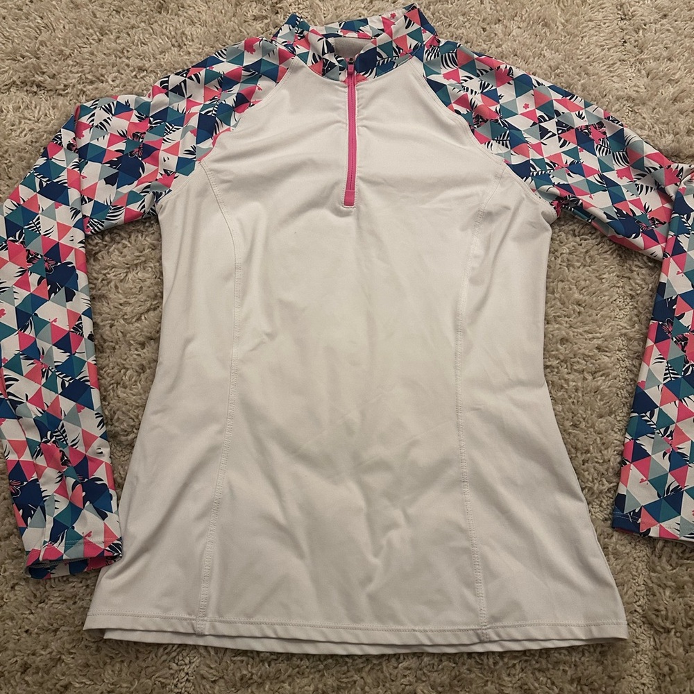 Kyodan White and Pink Geometric Zip-Up Top